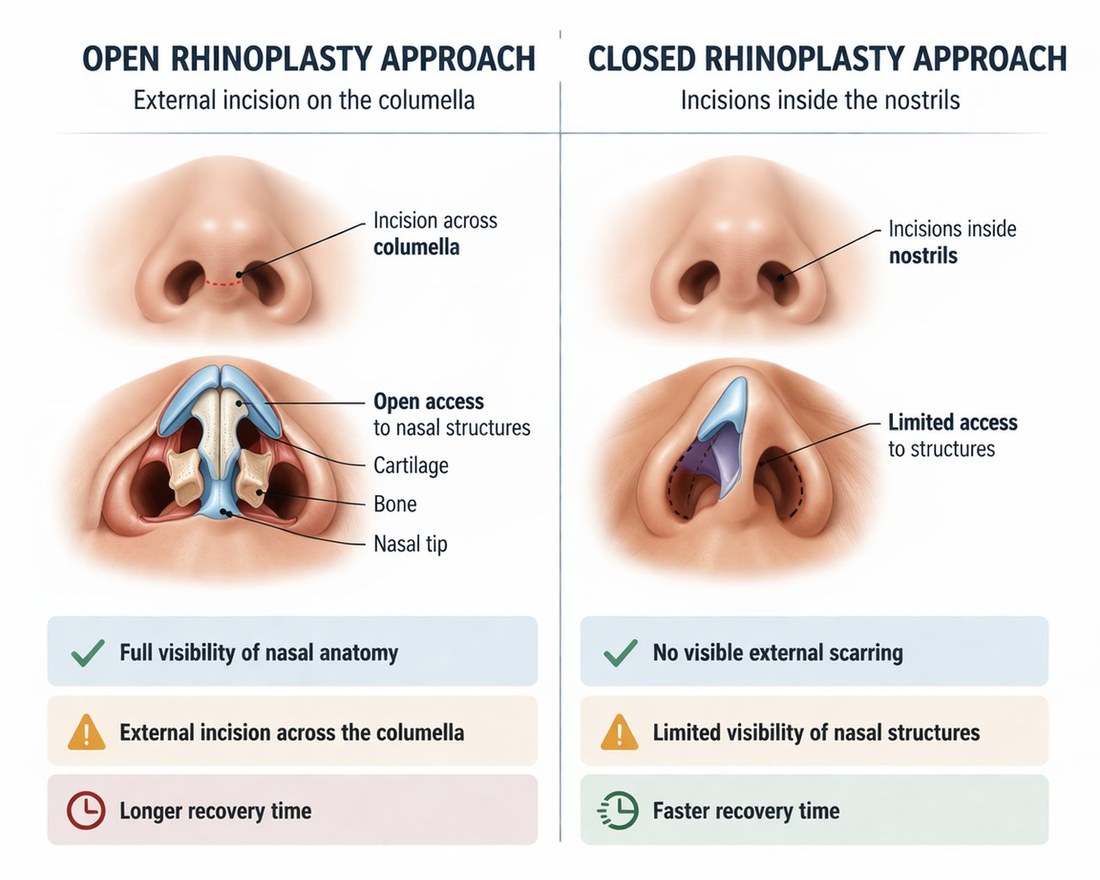 Comparison diagram: closed rhinoplasty (internal incisions) versus open rhinoplasty (external columella incision)